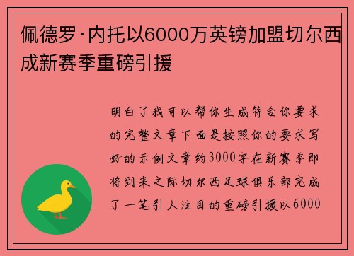 佩德罗·内托以6000万英镑加盟切尔西成新赛季重磅引援