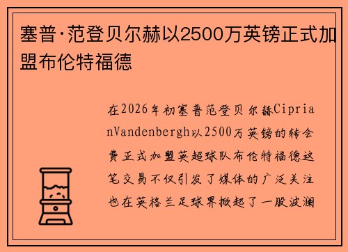 塞普·范登贝尔赫以2500万英镑正式加盟布伦特福德