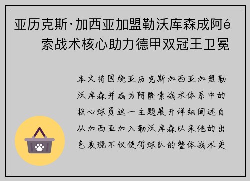 亚历克斯·加西亚加盟勒沃库森成阿隆索战术核心助力德甲双冠王卫冕 亚历克斯·加西亚加盟勒沃库森成阿隆索战术核心助力德甲双冠王卫冕